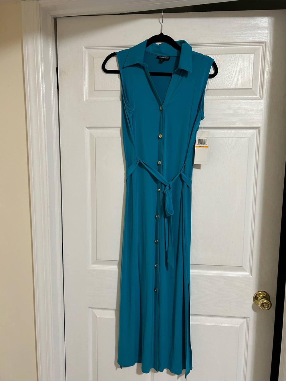 Nina Leonard Teal Sleeveless Maxi Shirt Dress with Waist Tie